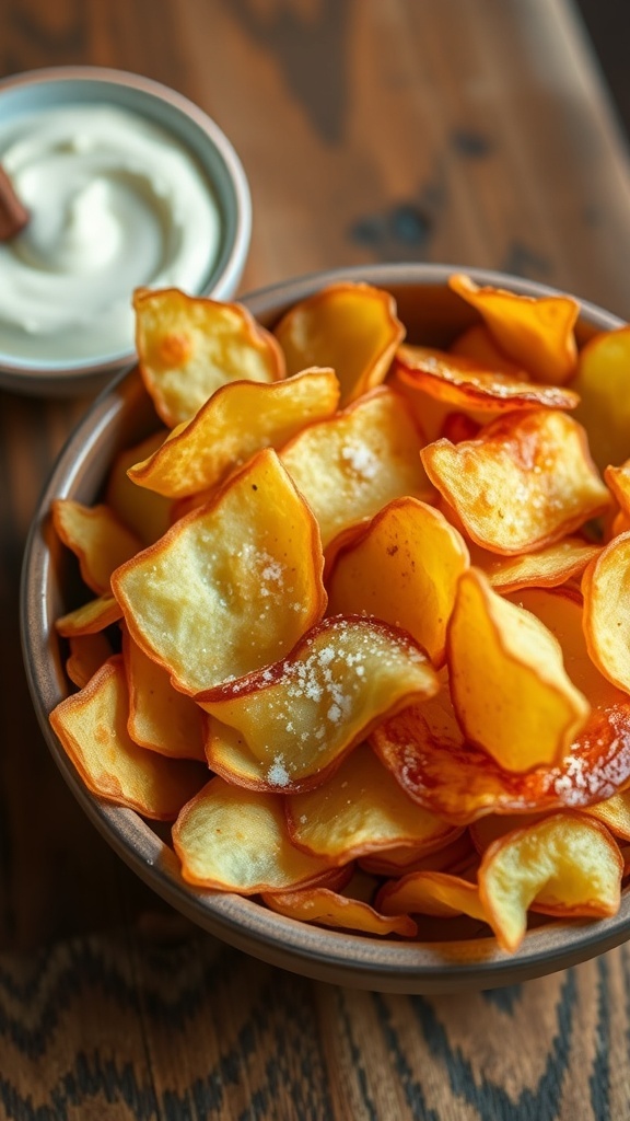 A bowl of crispy homemade potato chips with a sprinkle of salt and a side of dip on a wooden table.